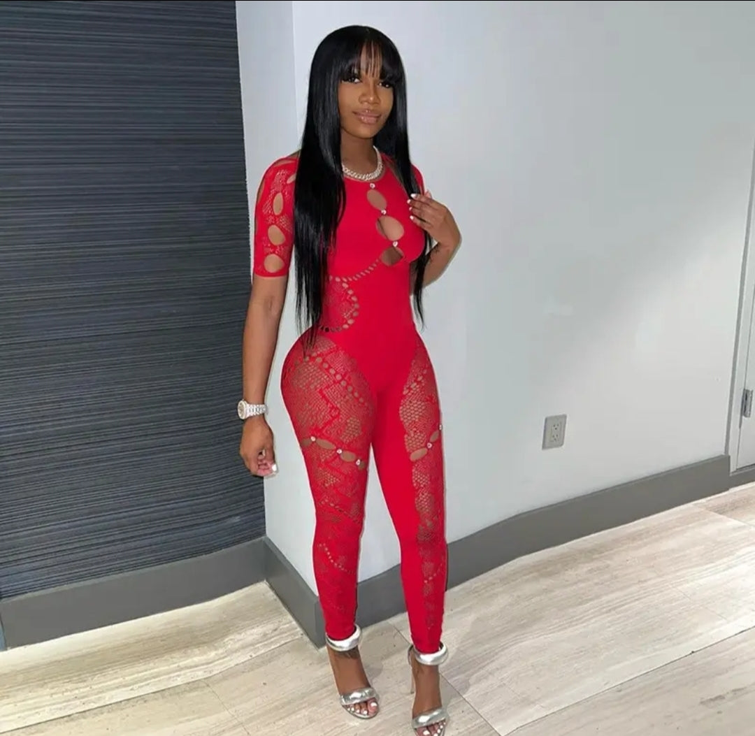 One Piece Hollow-Out Jumpsuits with Rhinestones