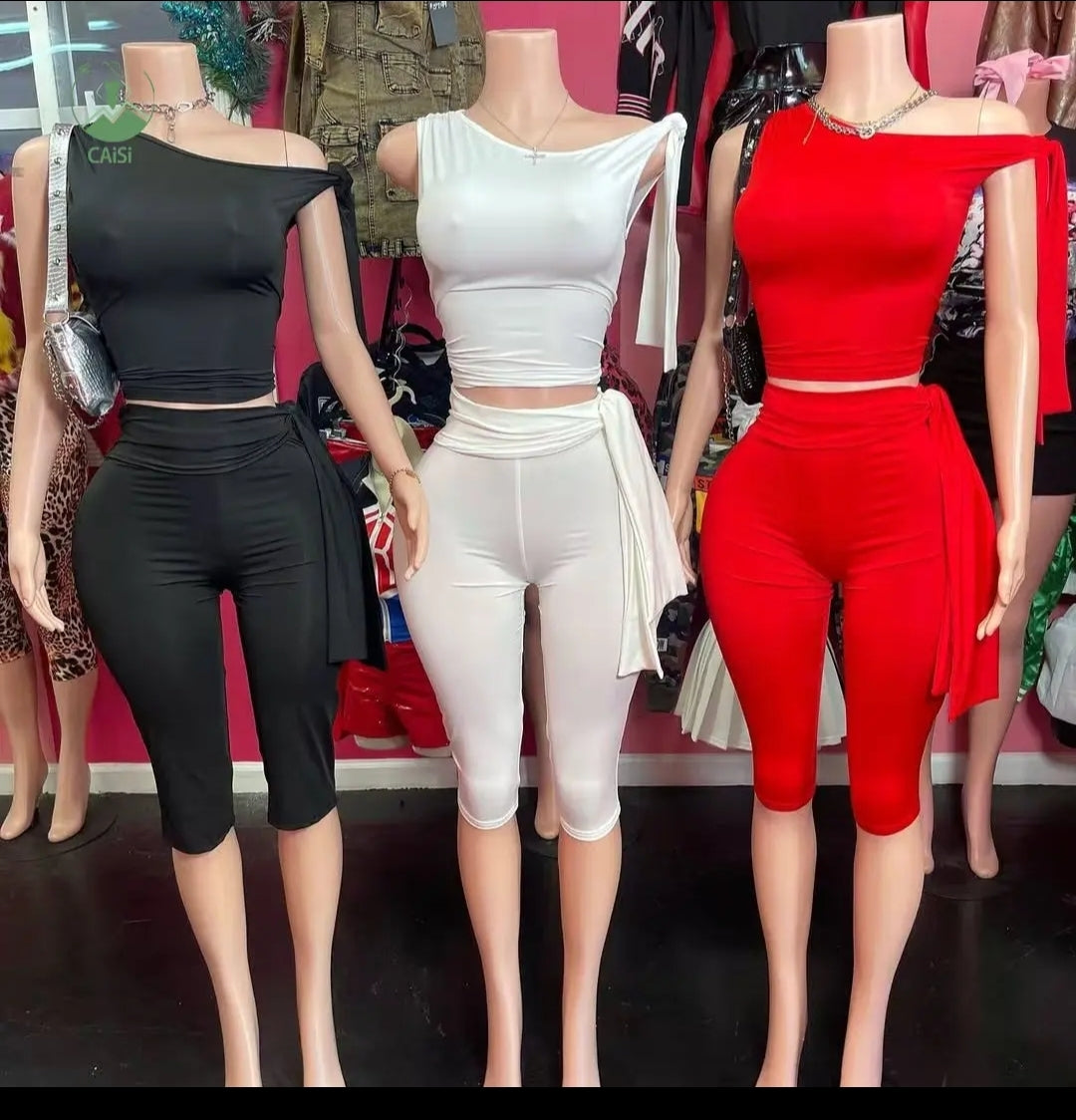 Short Sleeve One-Shoulder Capri Two Piece Sets